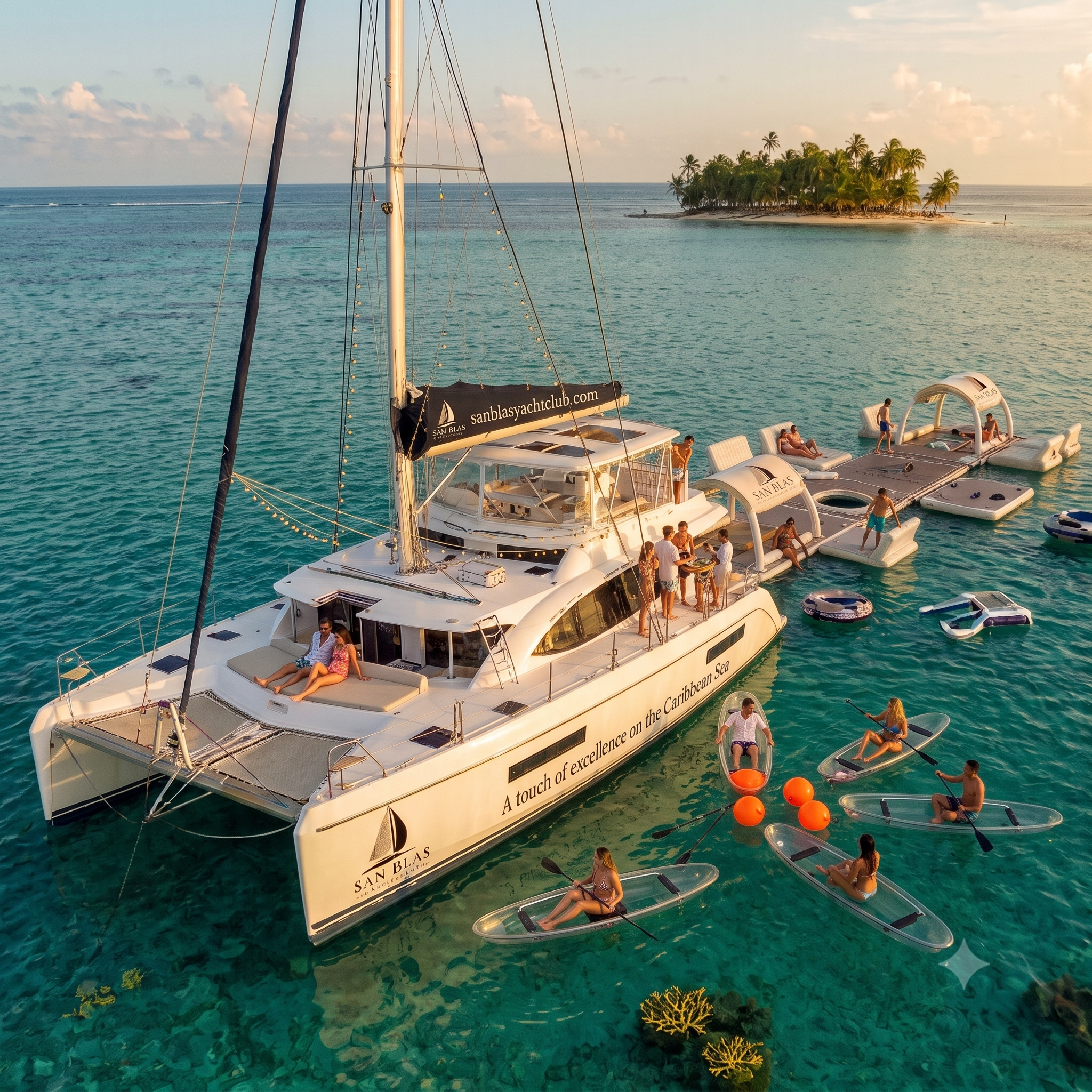 Guests aboard a San Blas Yacht Club catamaran at golden hour