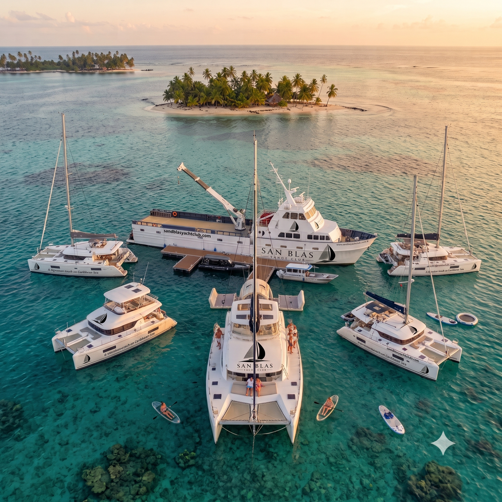 San Blas Yacht Club fleet at anchor near an island at sunset