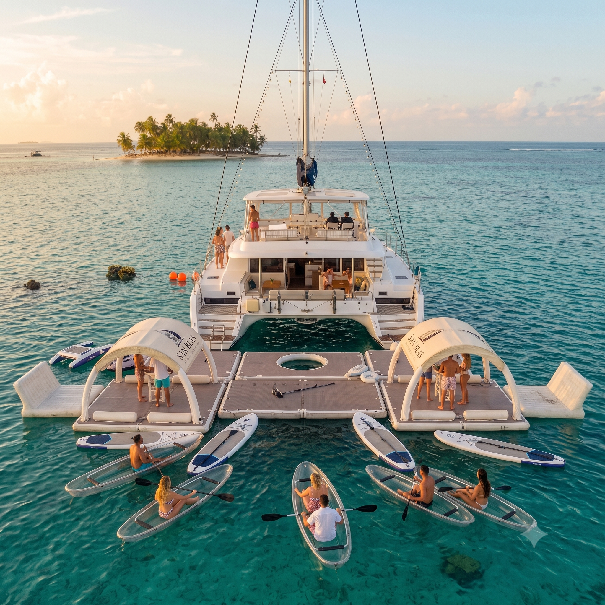 Floating dock with kayaks and paddleboards off a San Blas Yacht Club catamaran